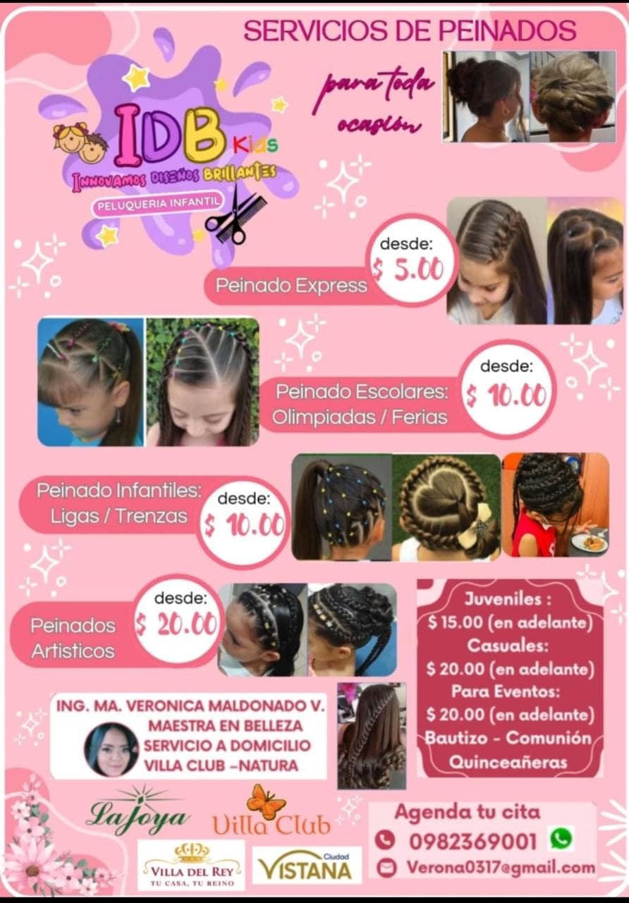 Servicios de peinados IDB Kids: Express desde $5, escolares desde $10, infantiles con ligas y trenzas desde $10, artísticos desde $20 y juveniles desde $15