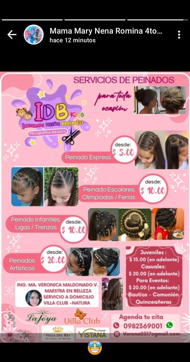 Clienta compartiendo el catálogo de peinados de IDB en su estado de WhatsApp